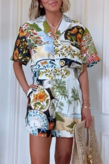Ensemble chemise à manches courtes boutonnée et short ample à poches, mélange de lin, style insulaire, imprimé unique