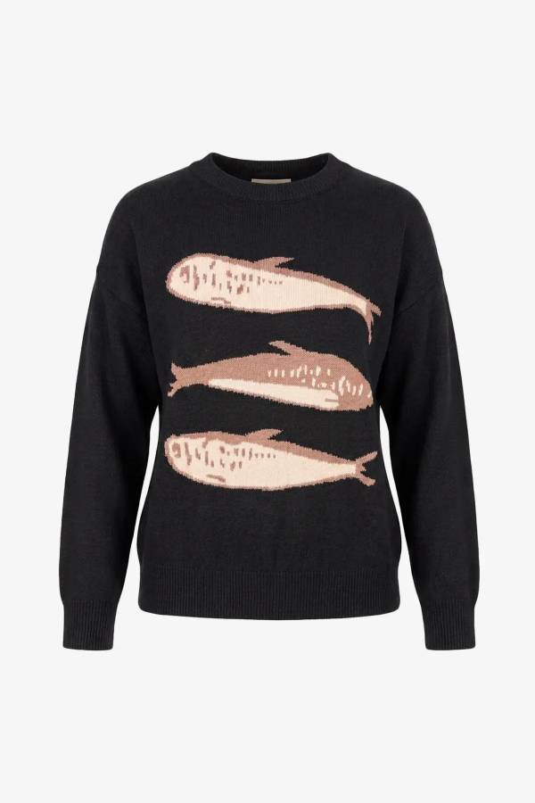 Womens Black Fish Graphic Knit Sweaters