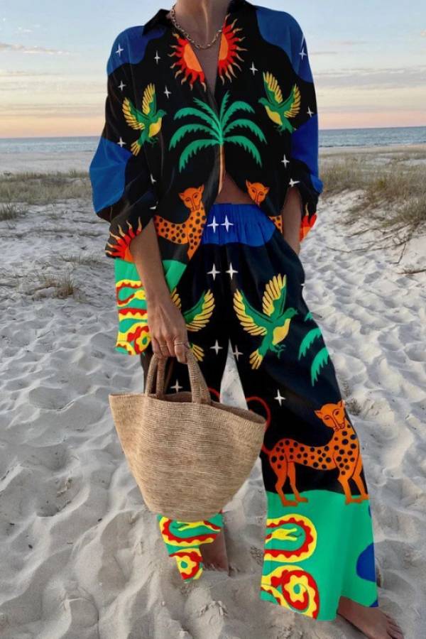 Tropical Print Shirt & Wide Leg Pants Two Piece Set