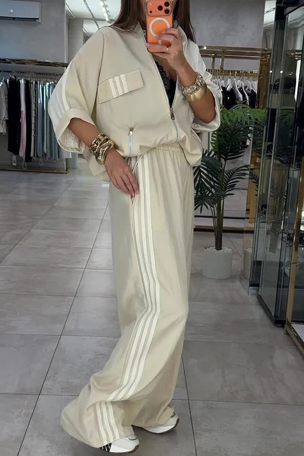 Fashionable Sporty Color-blocked Stripes Half Sleeve Zipper Drawstring Top and Elastic Waist Pocket Pants Set