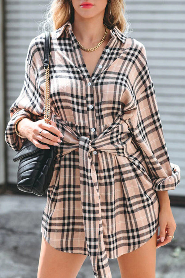 LOVE IS LIFE PLAID TIE FRONT SHIRT MINI DRESS - 2 COLORS Camel