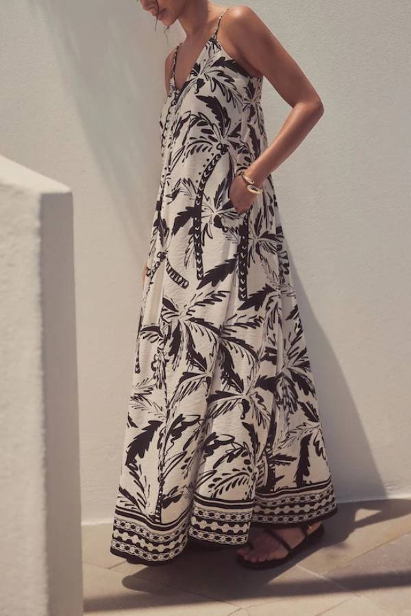 Vacation-Style Printed V-Neck Cami Maxi Dress