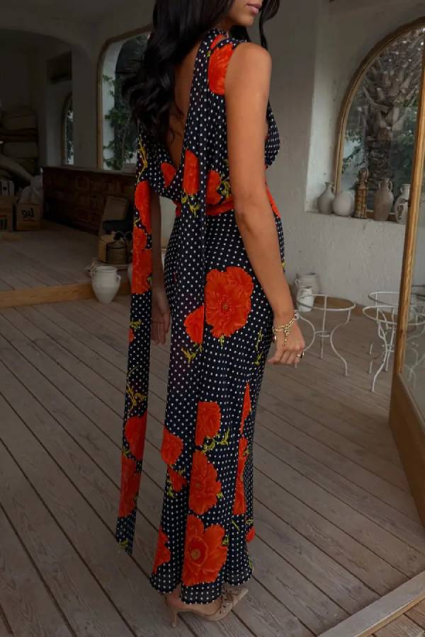 Vintage Print Cowl Neck Sleeveless Maxi Dress
