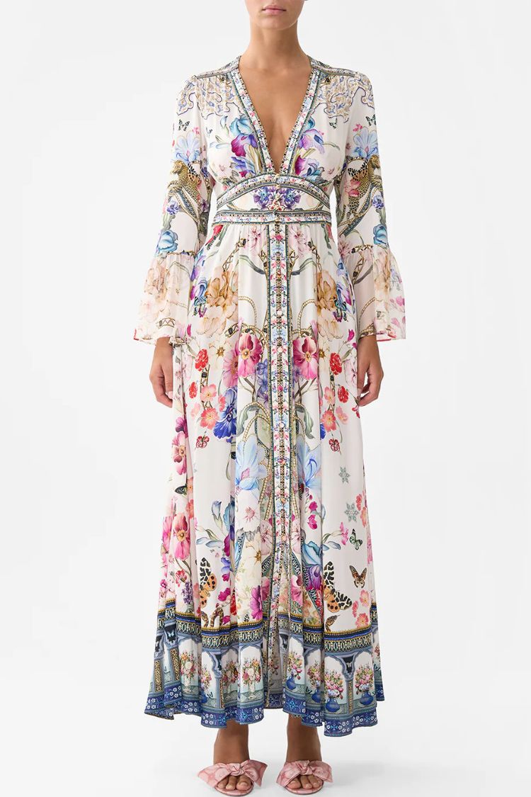 Printed V-neck Long-sleeved Puff Sleeve Waist Maxi Dress White