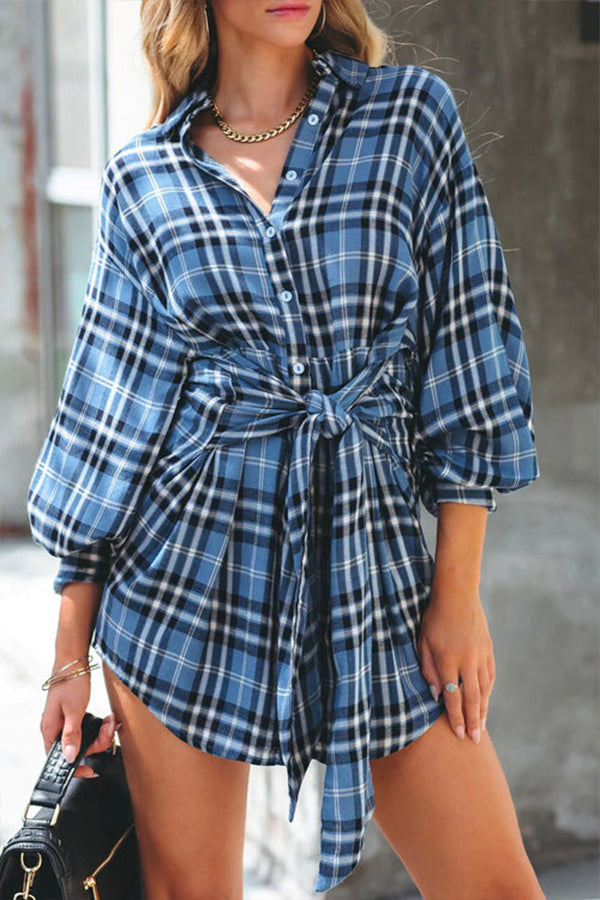 LOVE IS LIFE PLAID TIE FRONT SHIRT MINI DRESS - 2 COLORS Blue