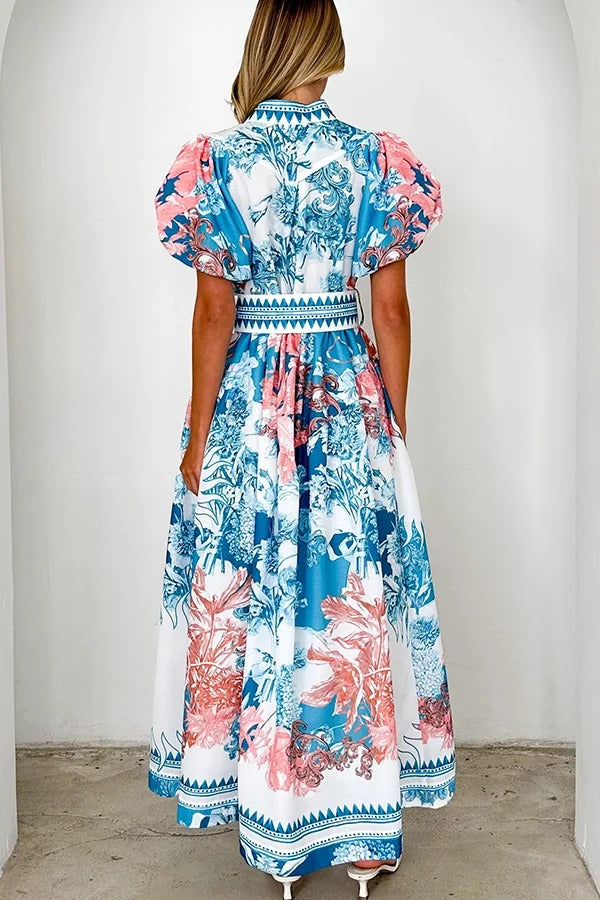 Unique Print Puff Sleeve Button Belt Casual Maxi Dress