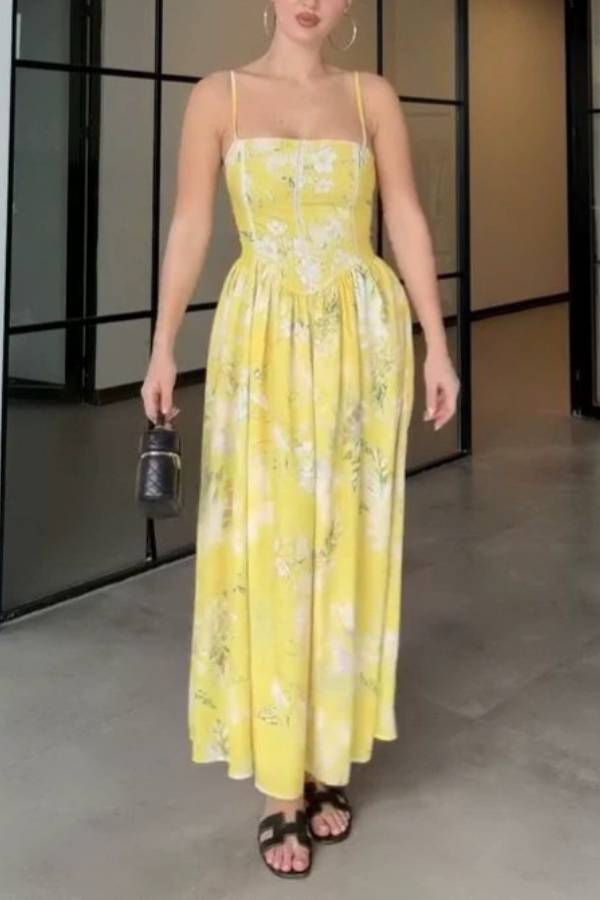Thin Strap Square Neck Boned Corset Floral Midi Swing Dress