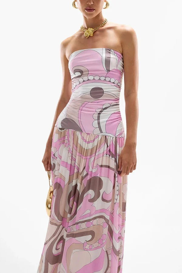Gorgeous Pastels Unique Print Off Shoulder Low Rise Loose Maxi Dress