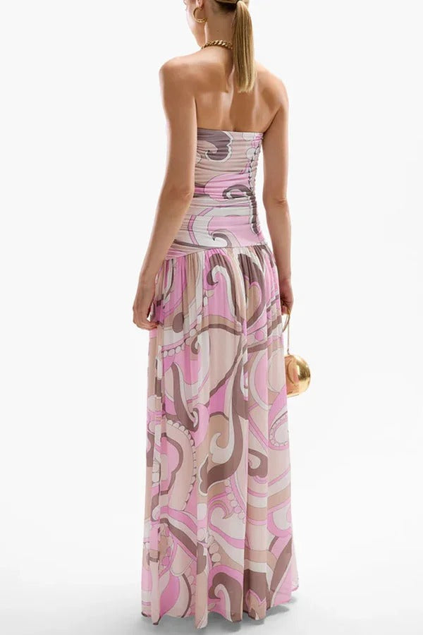 Gorgeous Pastels Unique Print Off Shoulder Low Rise Loose Maxi Dress