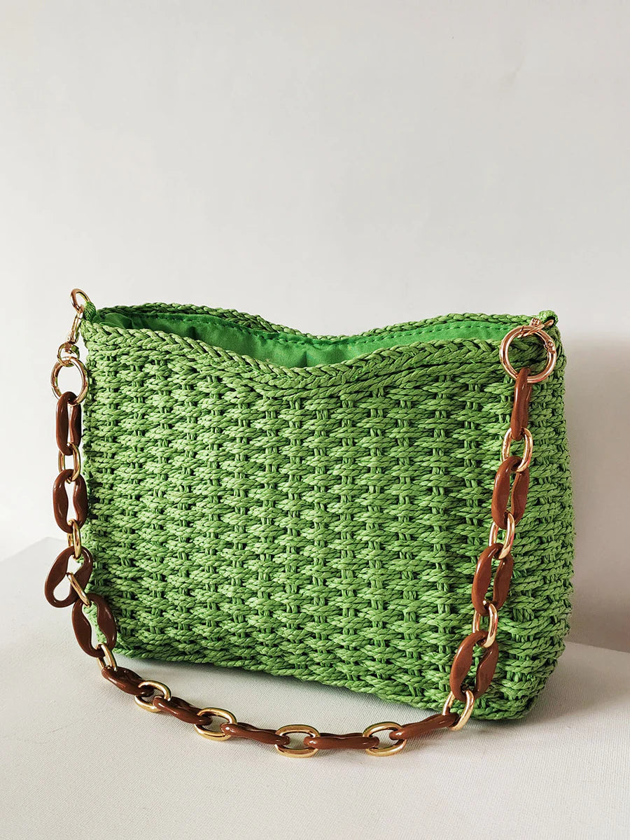 Square Chain Straw Bag Green ONE SIZE