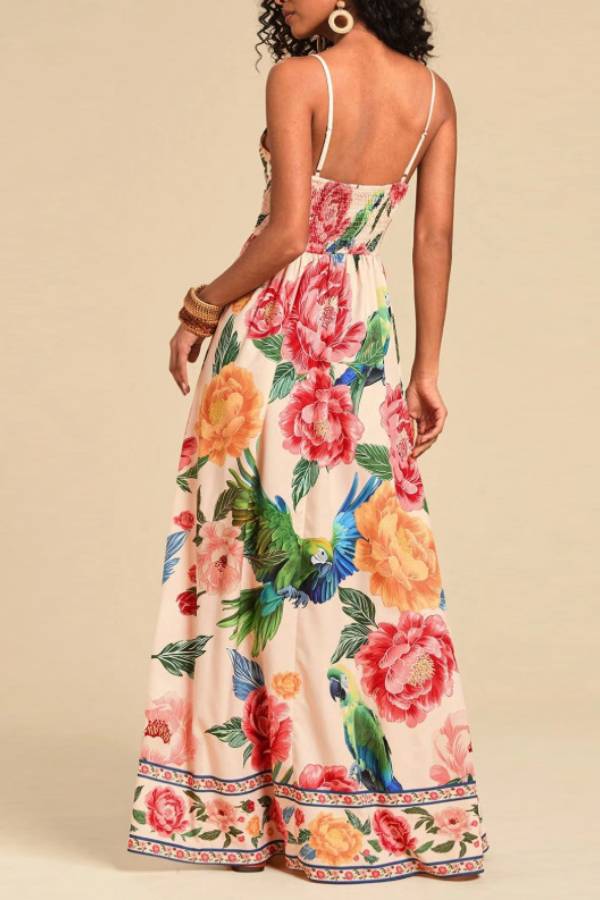 Peony & Parrot Print V-Neck Smocked Waist Cami Maxi Dress