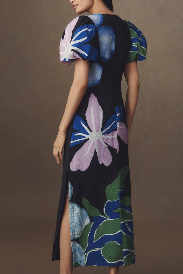 Watercolor Floral Print Puff Sleeve V-Neck Slit Midi Dress