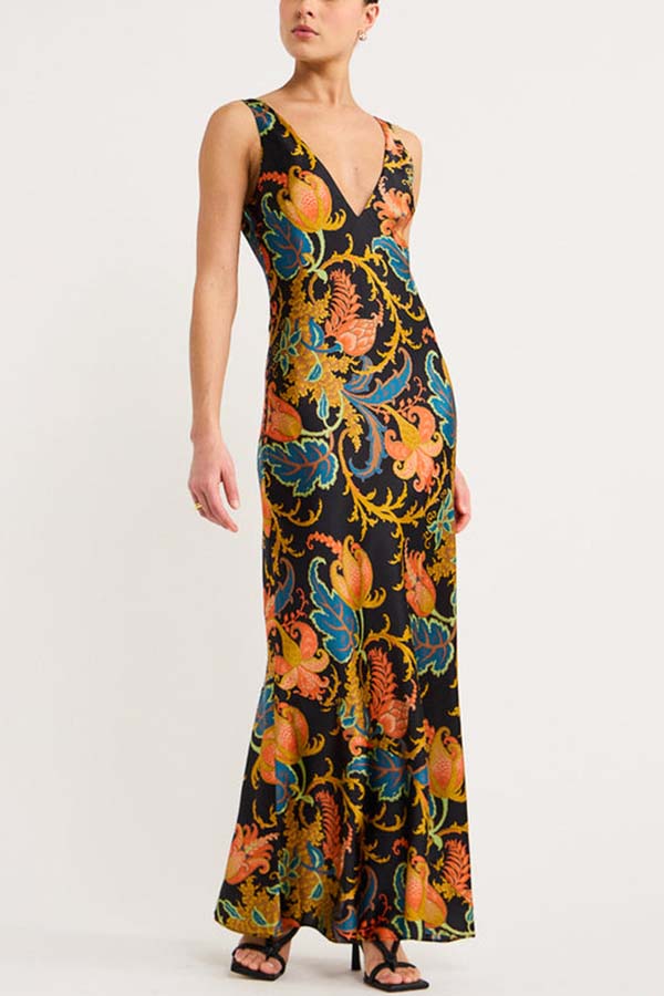 Forever Mine Satin Exclusive Botanical Print Slip Maxi Dress Black