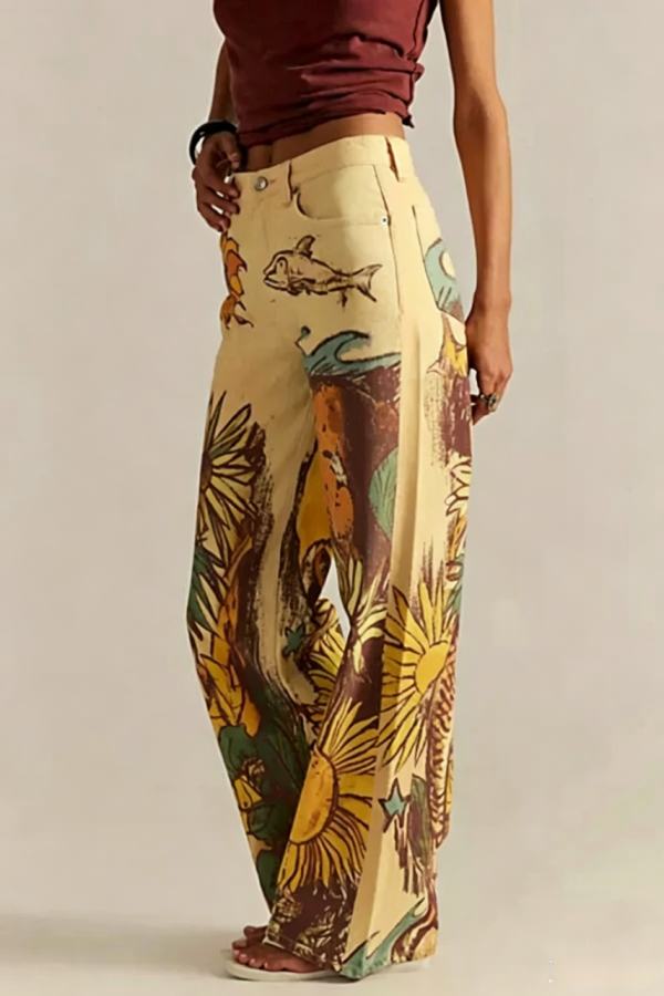 We The Free Playful Doodle Printed Mid Rise Pocket Wide Leg Pant