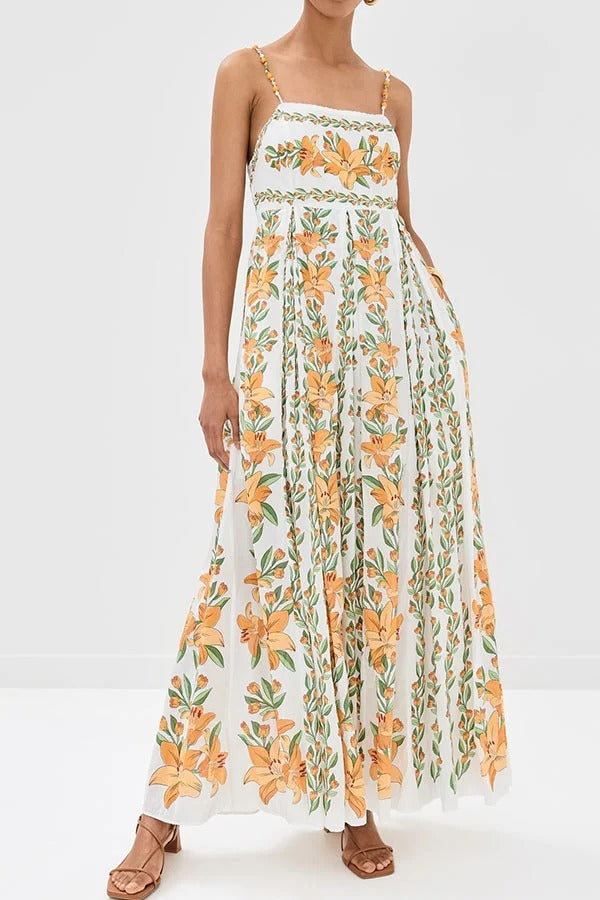 Summer Dreamer Linen Blend Unique Print Beaded Straps Pocketed Maxi Dress