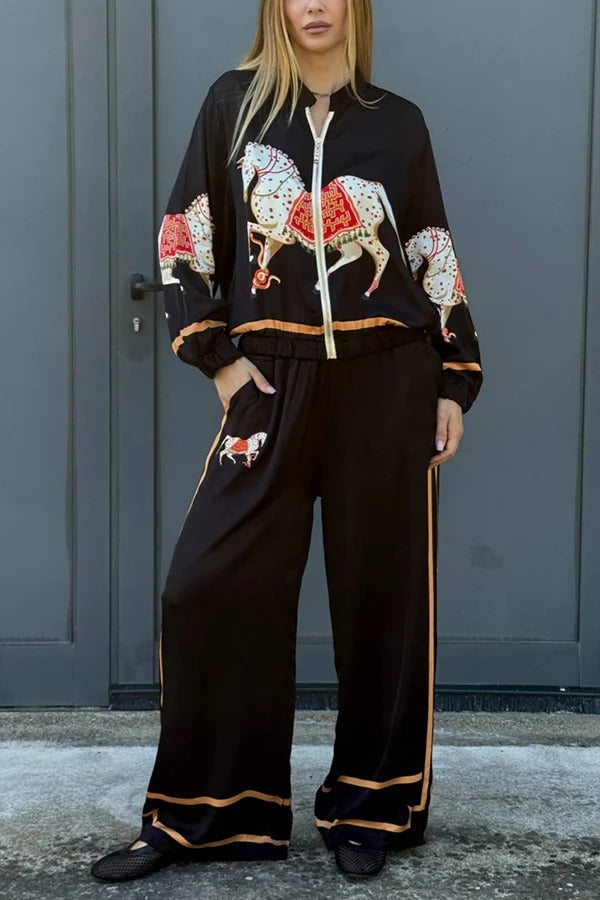 Artistic Satin Colorblock Horse Print Stand Nack Long Sleeve Pocket Zipper Jacket