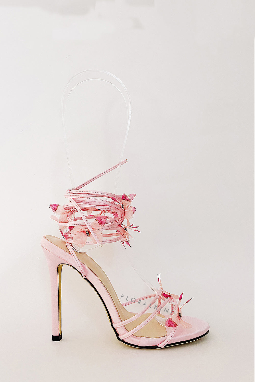 Butterfly Lace Up Open Toe High Stiletto Heels - Pink