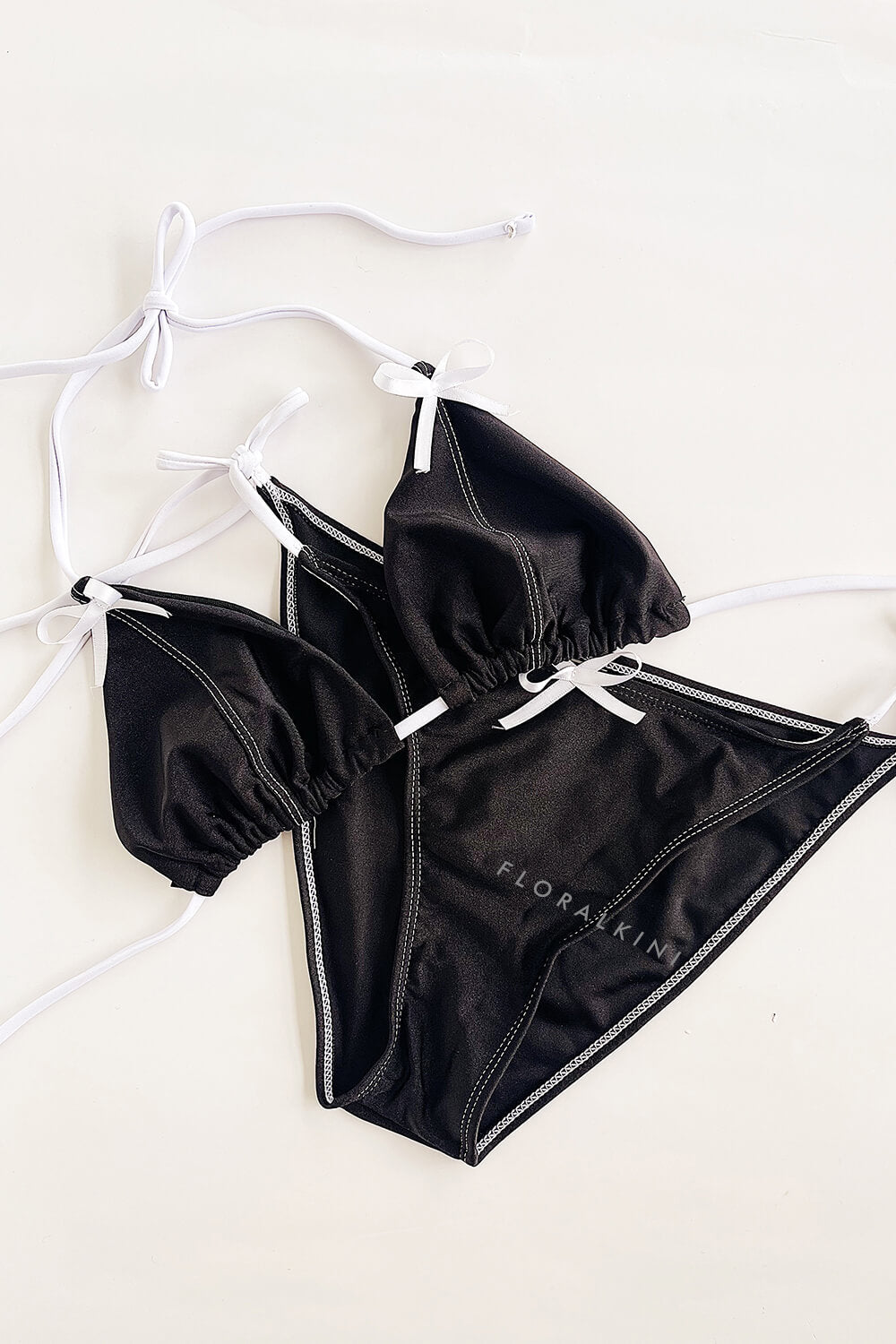 Black White Contrast Bow String Halter Triangle Tie Side Bikini Set