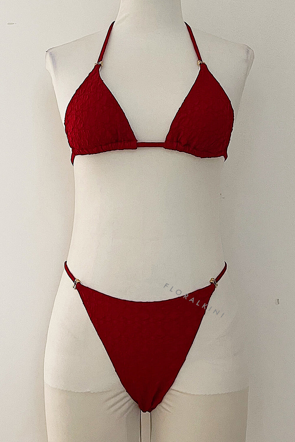 Textured Triangle Bikini Set With Gold Hardware Details & Short Sarong Skirt