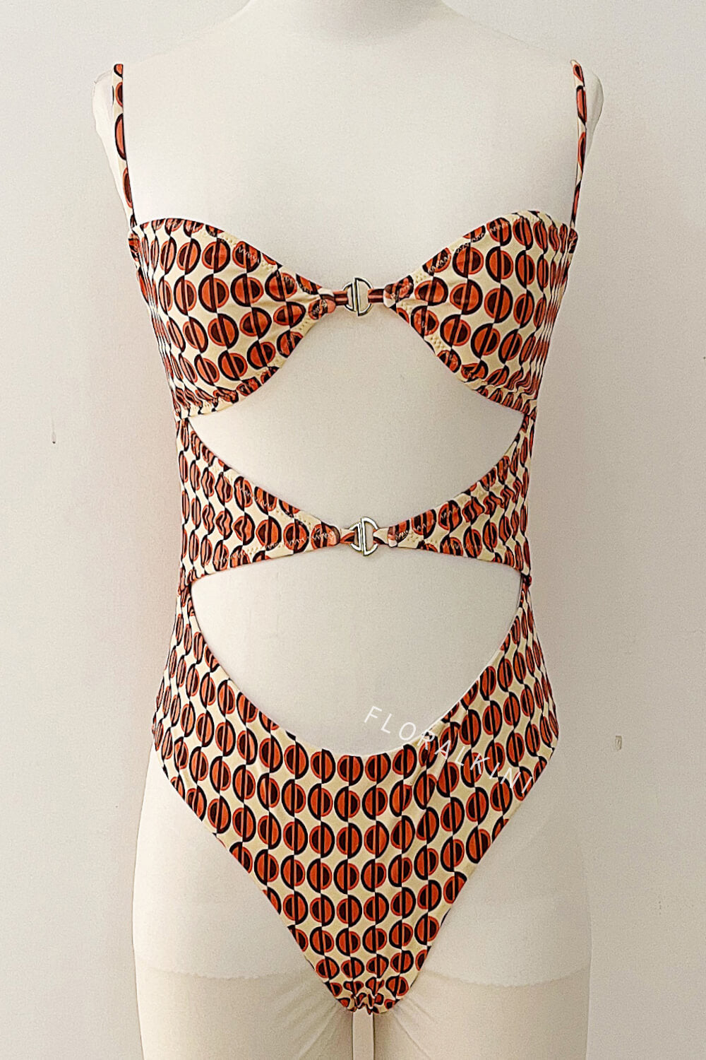 Geometric Abstract Print Cut Out One Piece Swimsuit With Silver Hardware Details