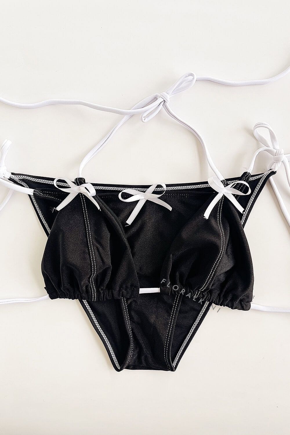 Black White Contrast Bow String Halter Triangle Tie Side Bikini Set