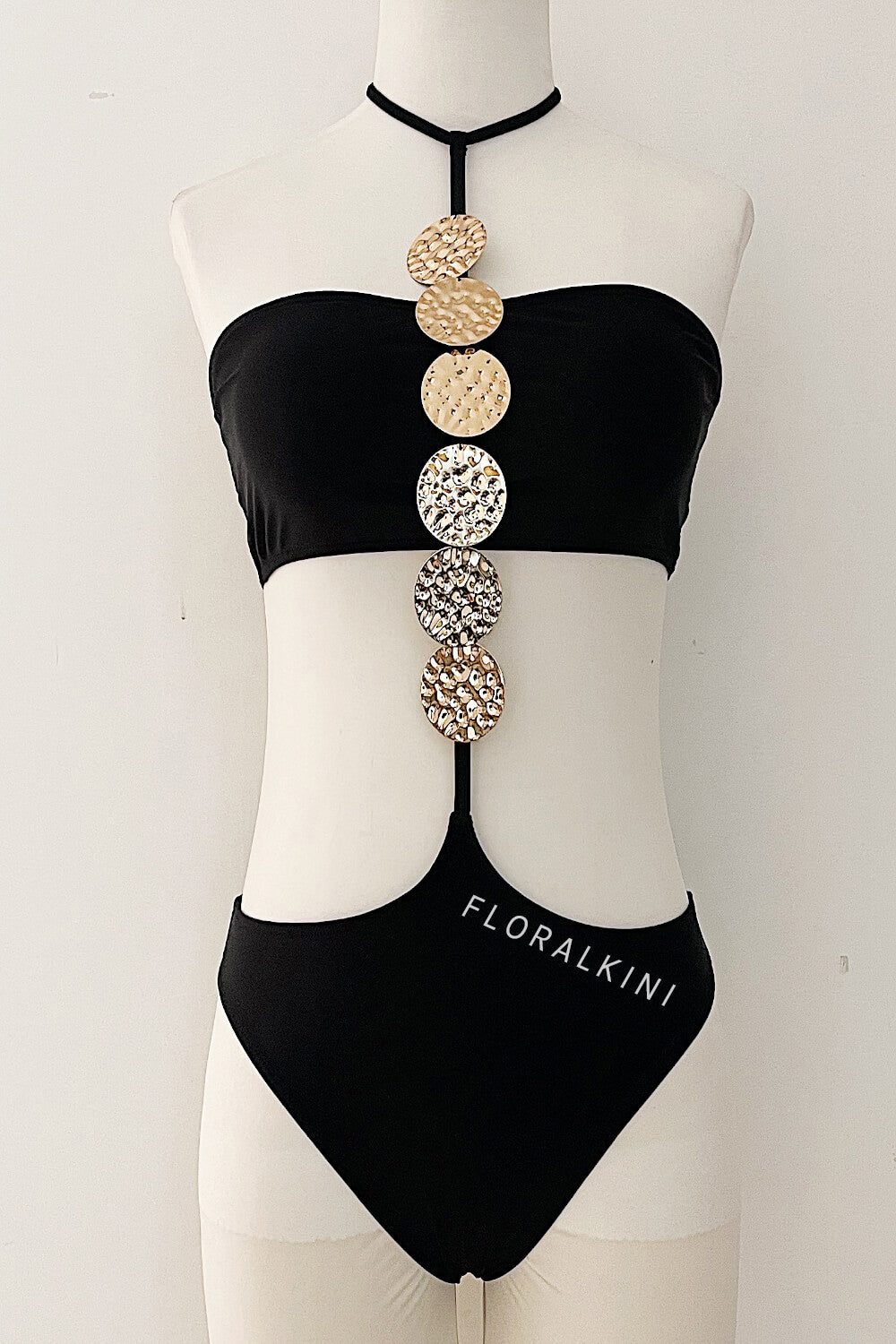 Halterncek Cut-Out One Piece Swimsuit With Metallic Medals Details