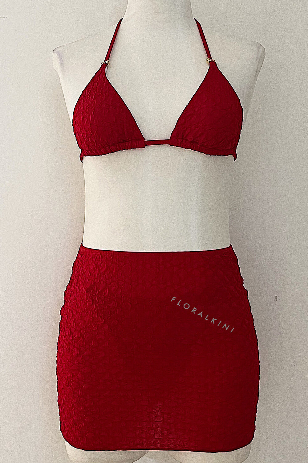 Textured Triangle Bikini Set With Gold Hardware Details & Short Sarong Skirt