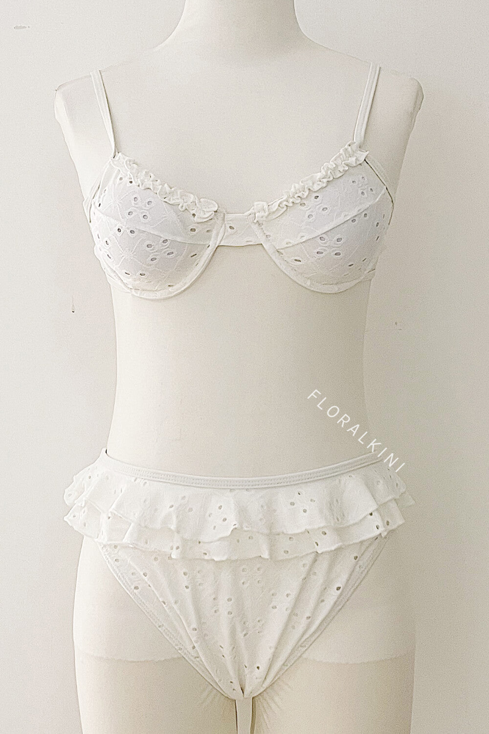 White Embroidered Underwire Ruffle Bikini Set