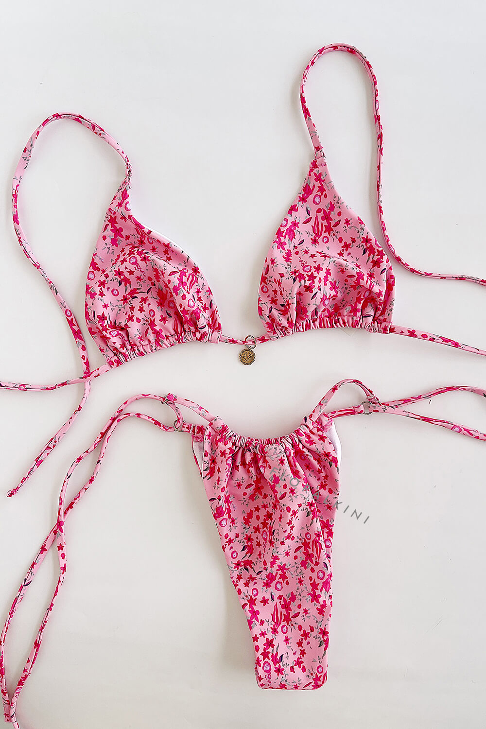 Floral Print Triangle Halter Tie Side Bikini Set With Gold Charm Details