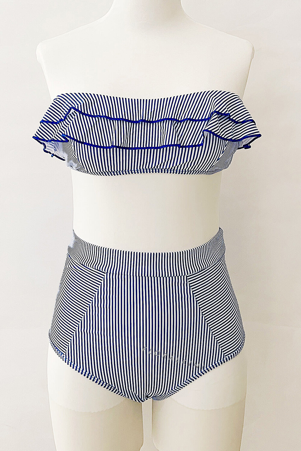 Blue White Striped High Waist Bikini Bottom