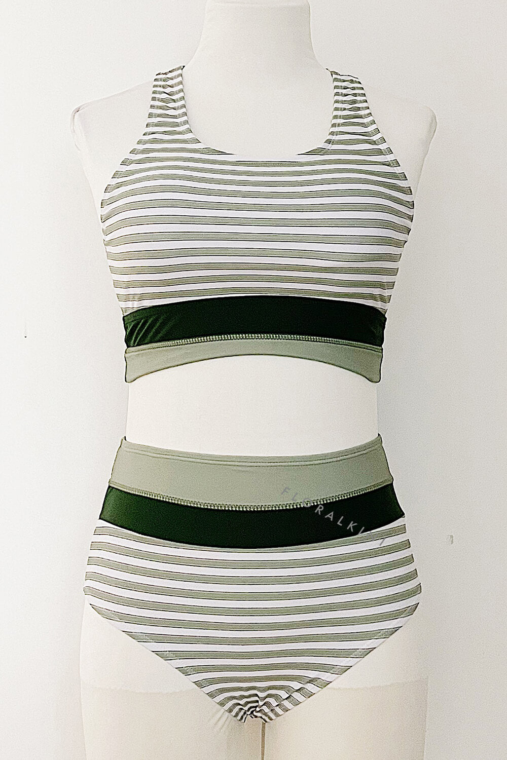 Striped Colorblock Cut Back Crop High Waisted Bikini Set