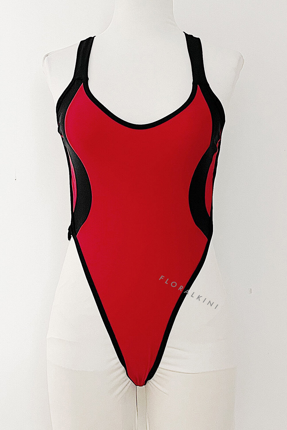 Color Block V Neck High-Cut One Piece Swimsuit - Black & Red