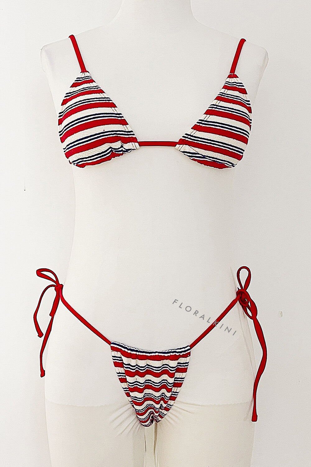 Stripe Print Terry Triangle Halter Tie Side Bikini Set
