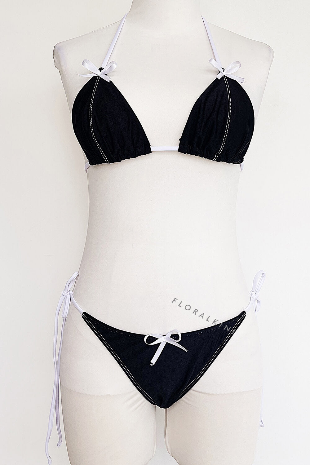 Black White Contrast Bow String Halter Triangle Tie Side Bikini Set