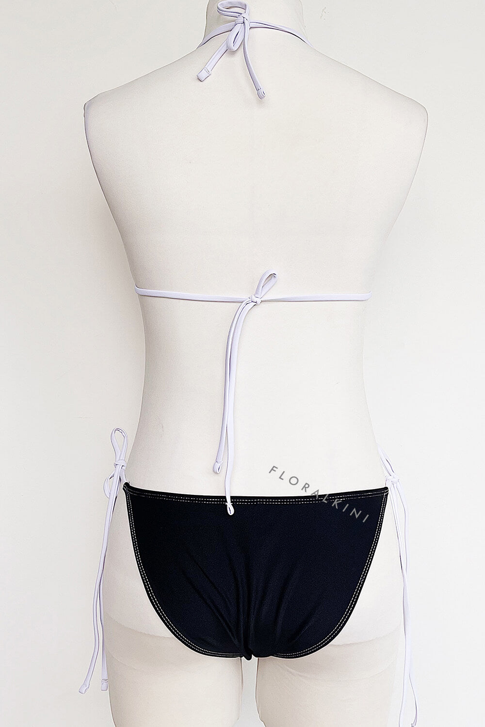 Black White Contrast Bow String Halter Triangle Tie Side Bikini Set