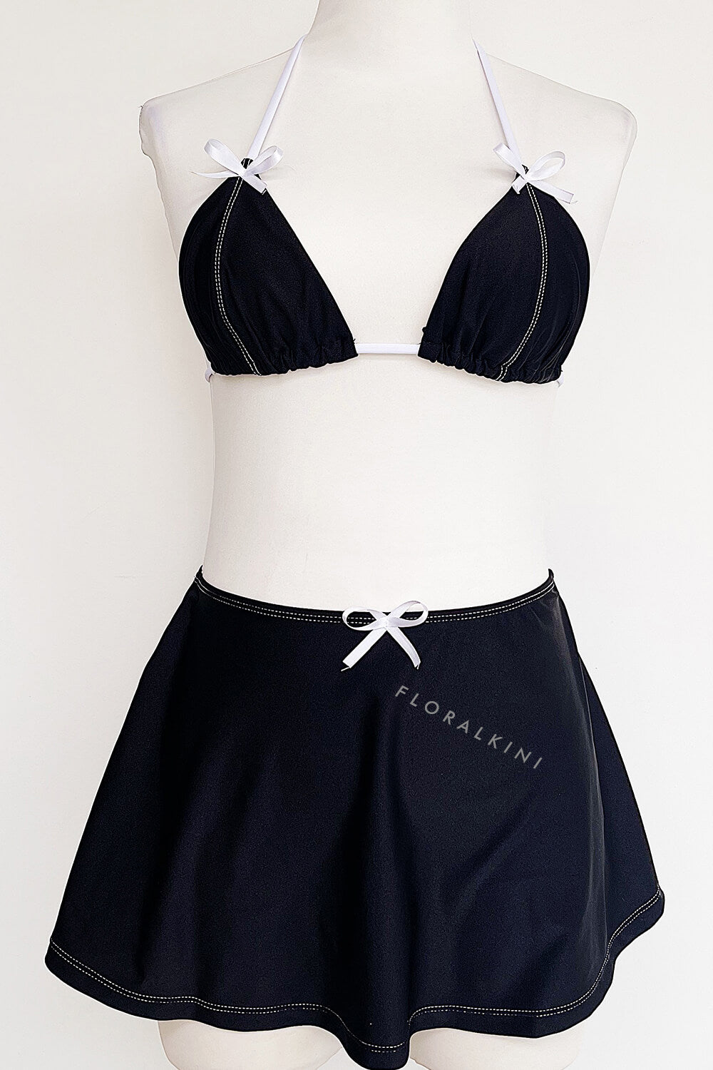 Black White Contrast Bow String Halter Triangle Tie Side Bikini Set
