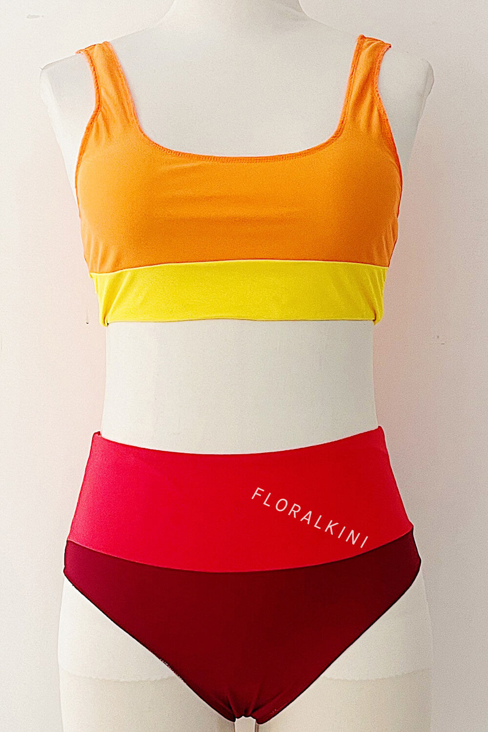 Color Block Crop Longline High Waist Bikini Set - Orange