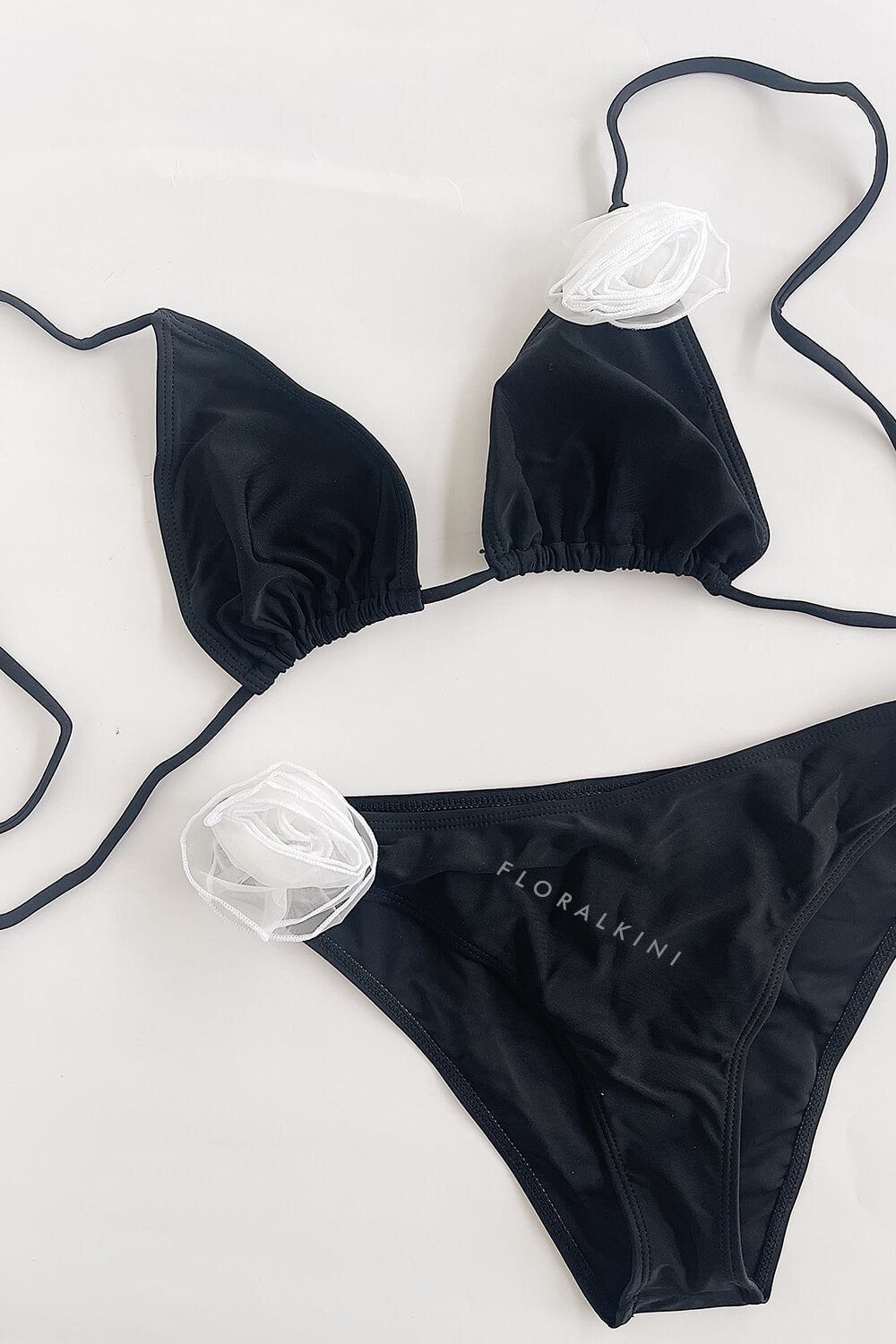 Rosette Triangle Halter High-Cut Bikini Set - White Black
