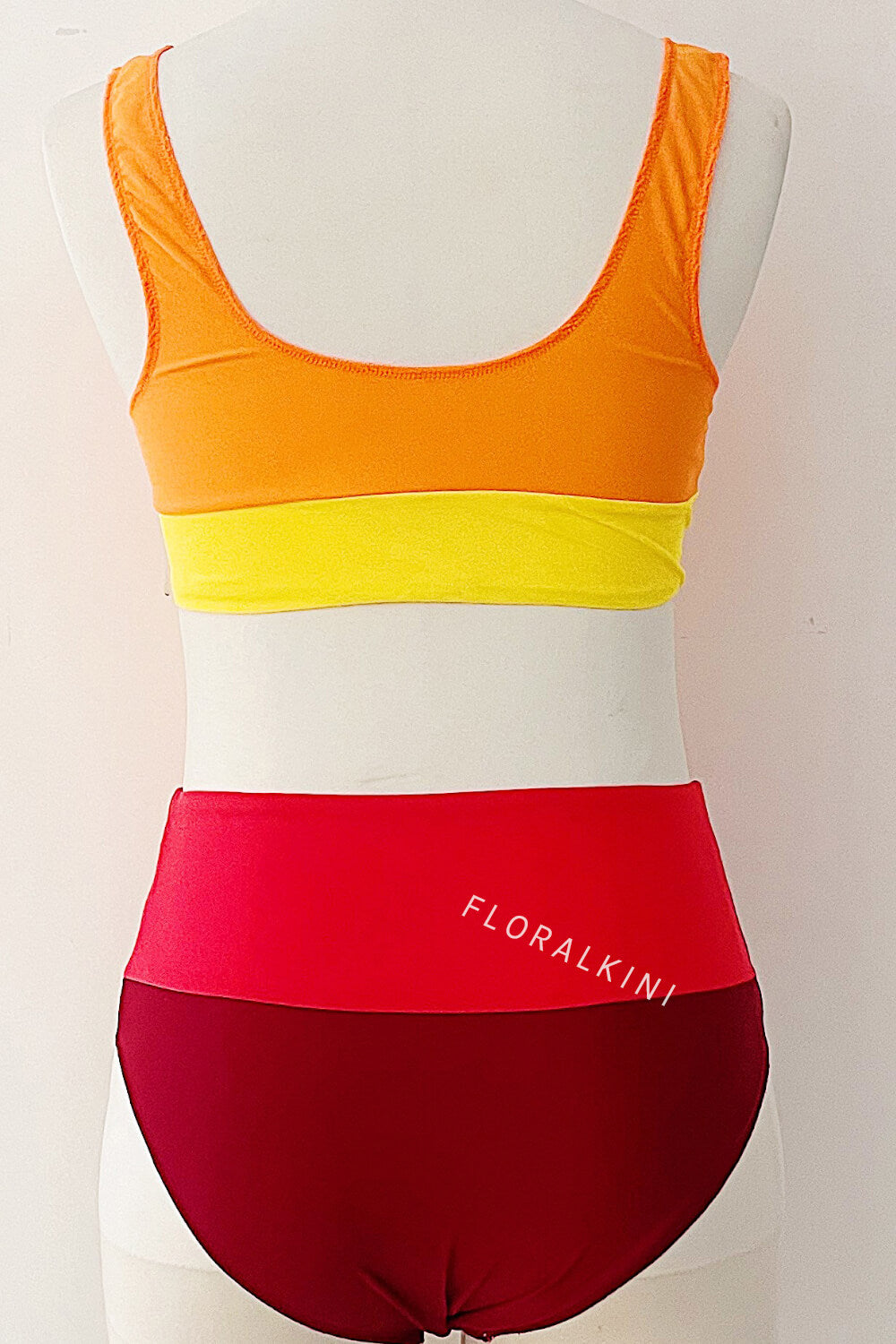 Color Block Crop Longline High Waist Bikini Set - Orange