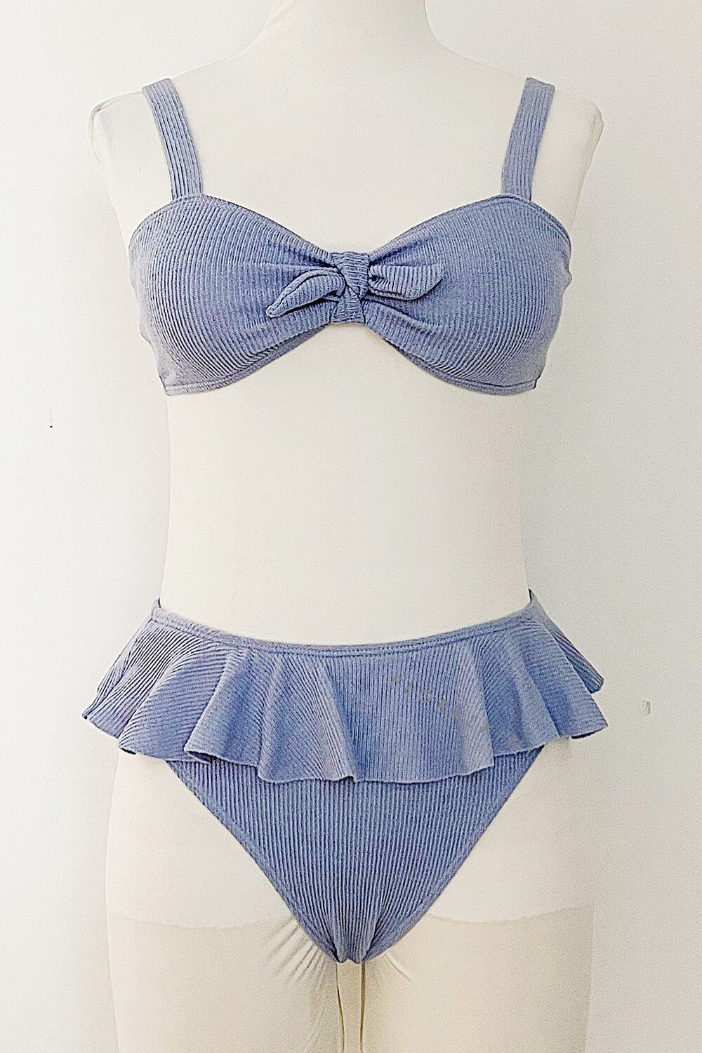 Light Blue Ribbed Front Tie Knot Bralette Bikini Top