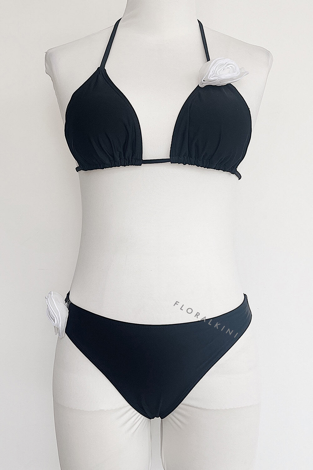 Rosette Triangle Halter High-Cut Bikini Set - White Black