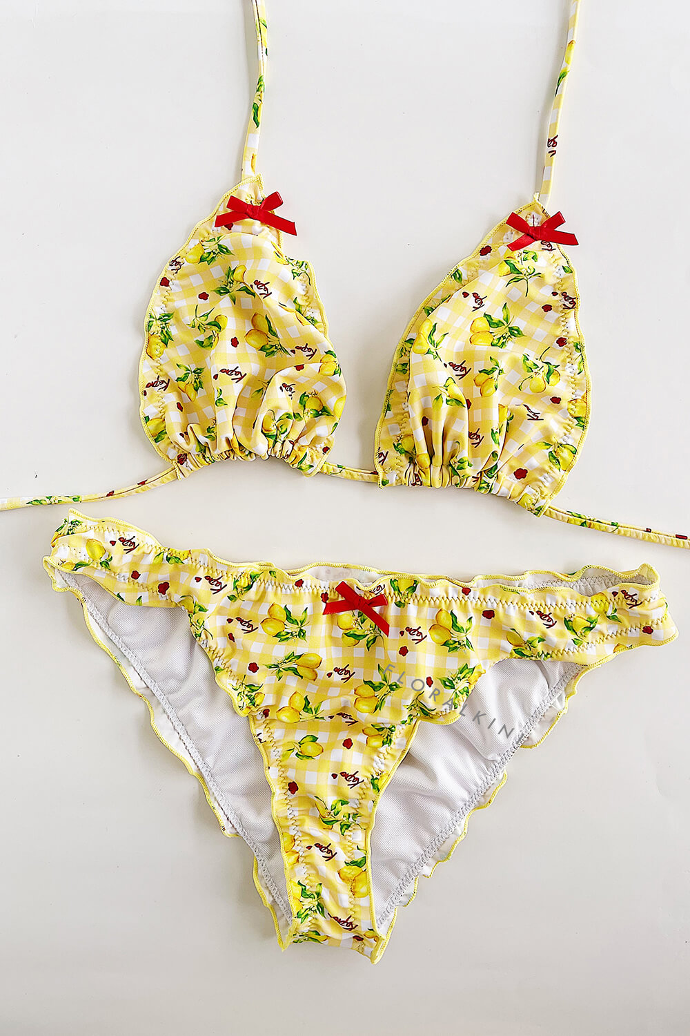 Lemon-Check Print Frill Trim Halter Triangle Elastic Bikini Set