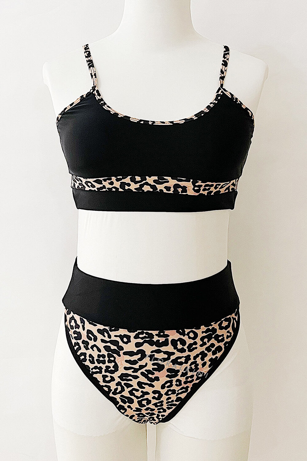 Black And Leopard Print Blocked High Waisted Bikini Bottom