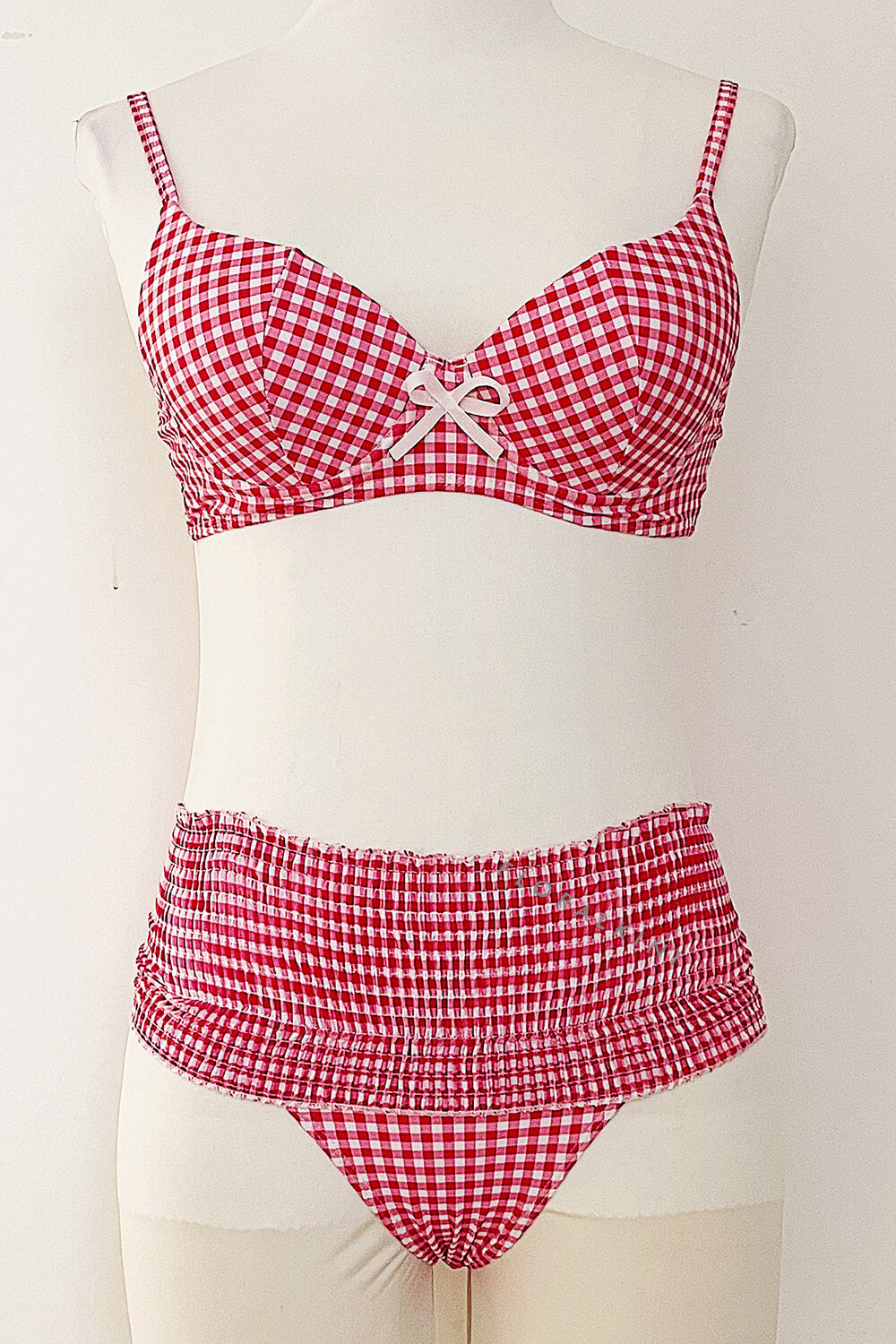Pink Gingham Underwire Balconette Ruffle Elastic Bikini Set