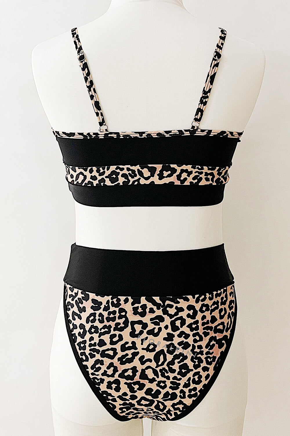 Black And Leopard Print Blocked Sporty Bikini Top