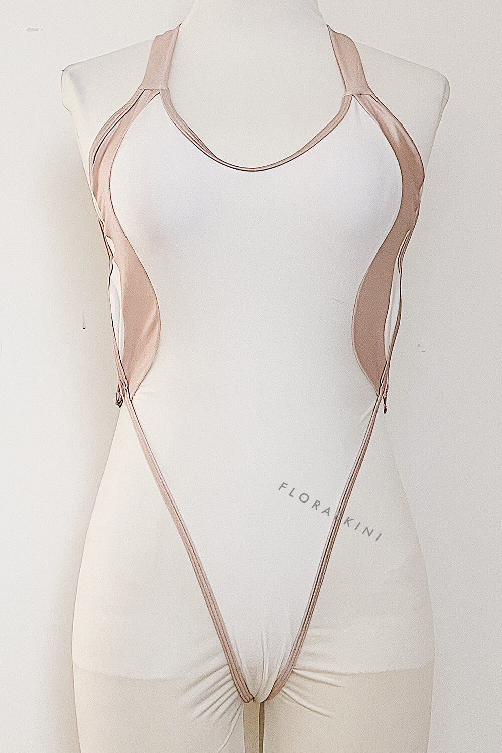 Color Block V Neck High-Cut One Piece Swimsuit - White & Nude