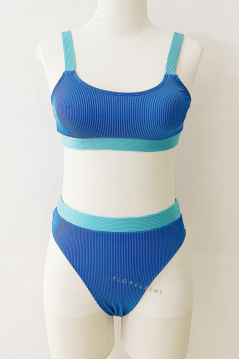 Blue Blocked Rib High Waisted Bikini Bottom
