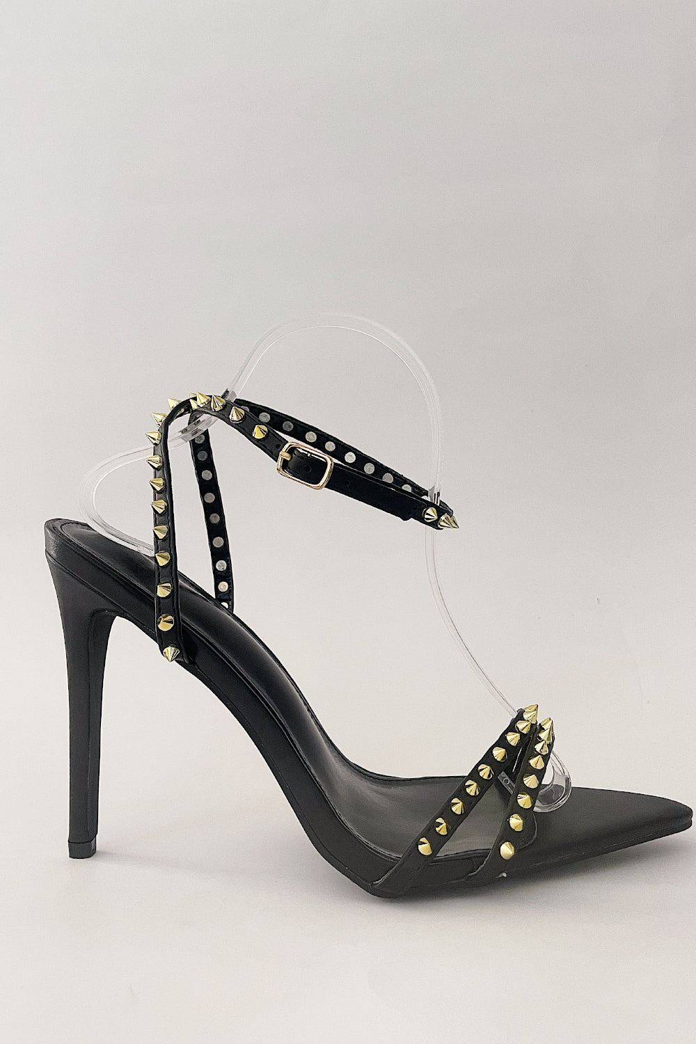 Faux Leather Studded Detail Strappy Pointed Toe Stiletto Heels