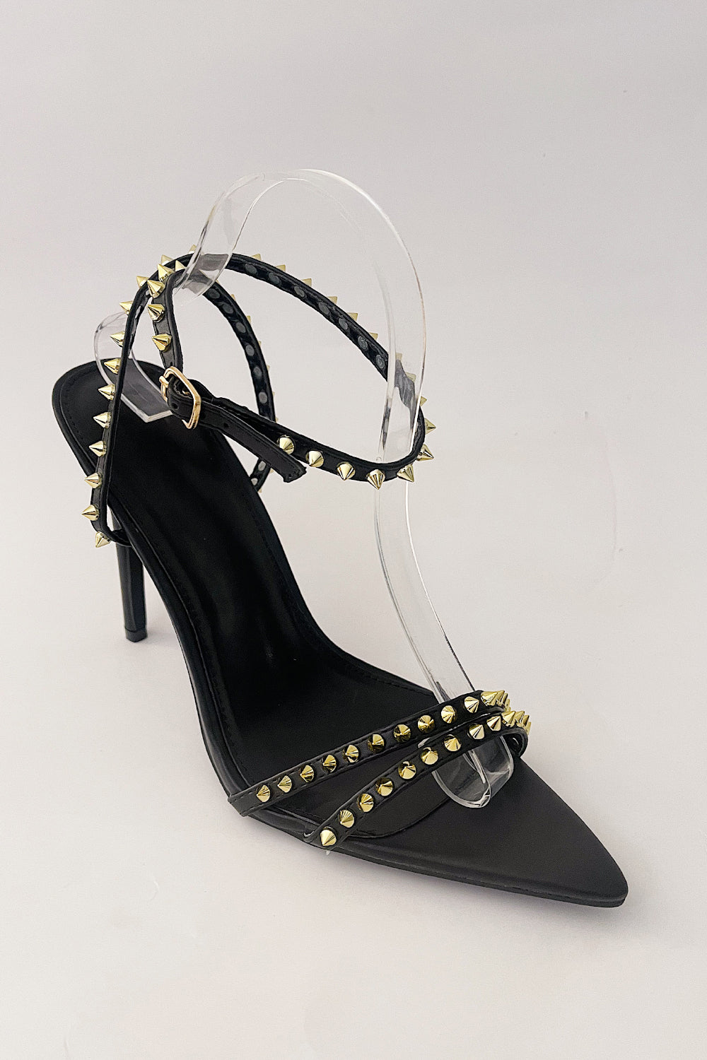 Faux Leather Studded Detail Strappy Pointed Toe Stiletto Heels