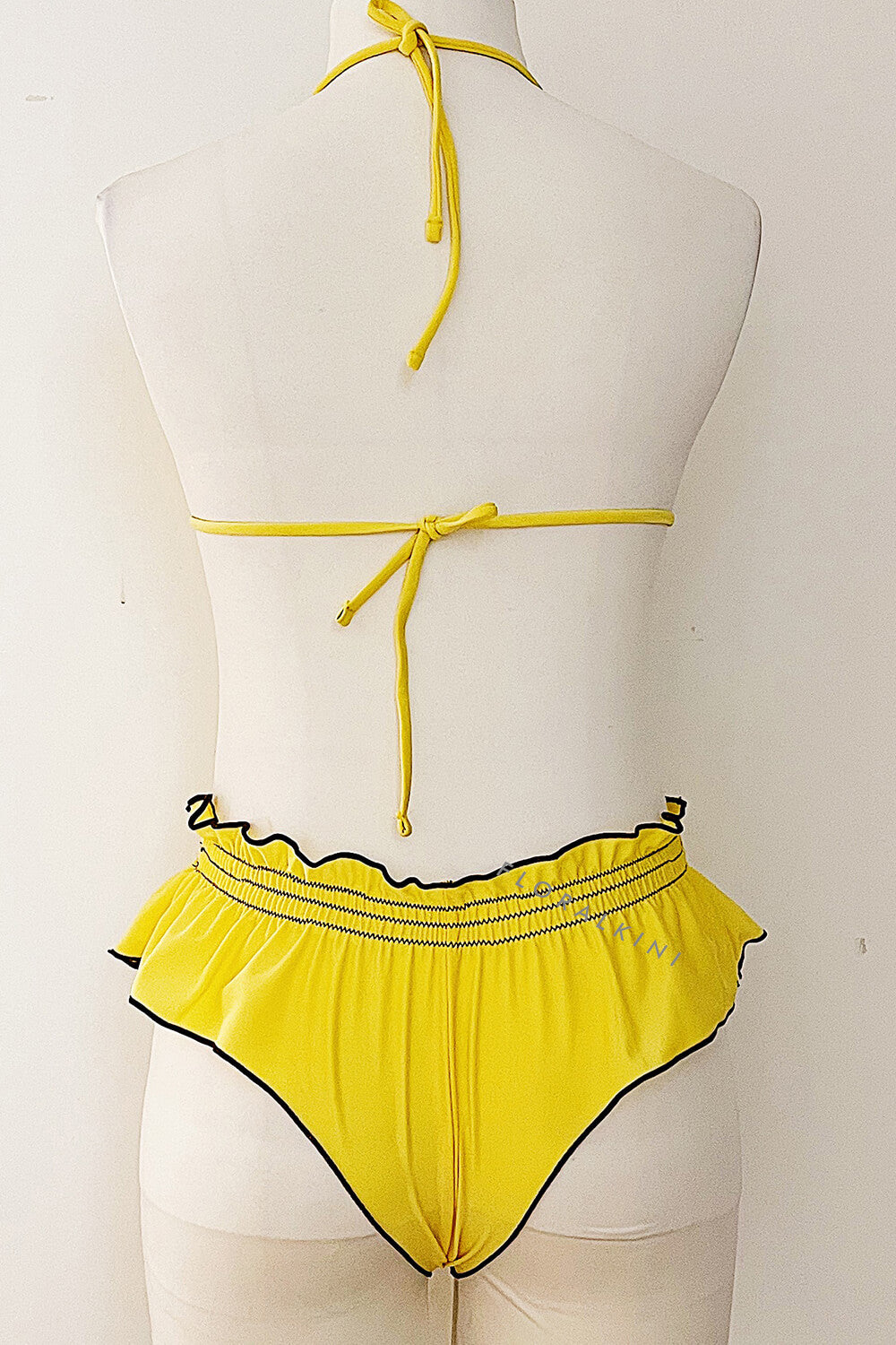 Yellow Two-Tone Frill Trim Halter Triangle Elastic Bikini Set